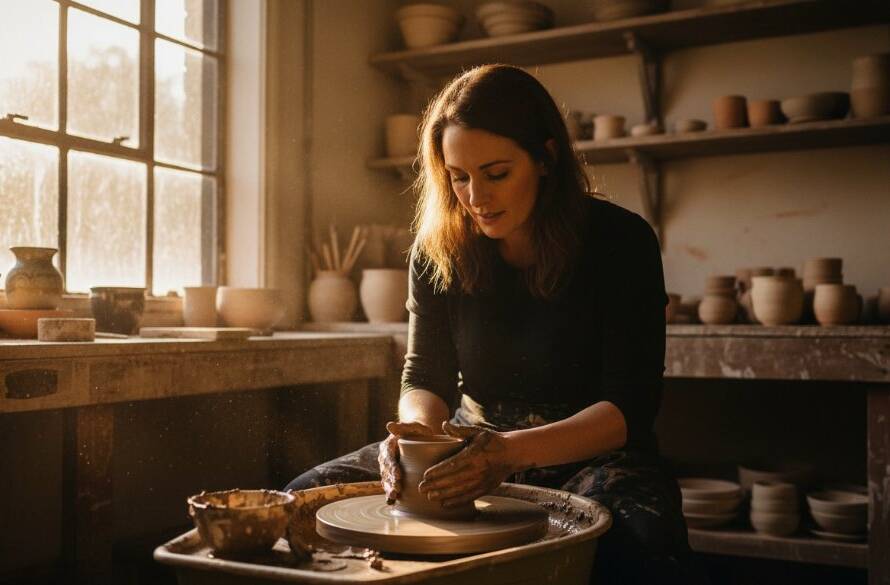 A dynamic, wide-angle shot capturing an authentic, 'epic moment' of a local Ashburton artisan passionately working in their studio, bathed in dramatic natural light, embodying Ashburton Victoria editorial storytelling photography.