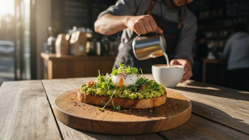 Dramatic overhead shot of a perfectly plated brunch dish, with a barista crafting latte art in the background, capturing the vibrant atmosphere of an Ashburton Victoria Food Photography for Artisan Cafes session, golden hour light streaming in.