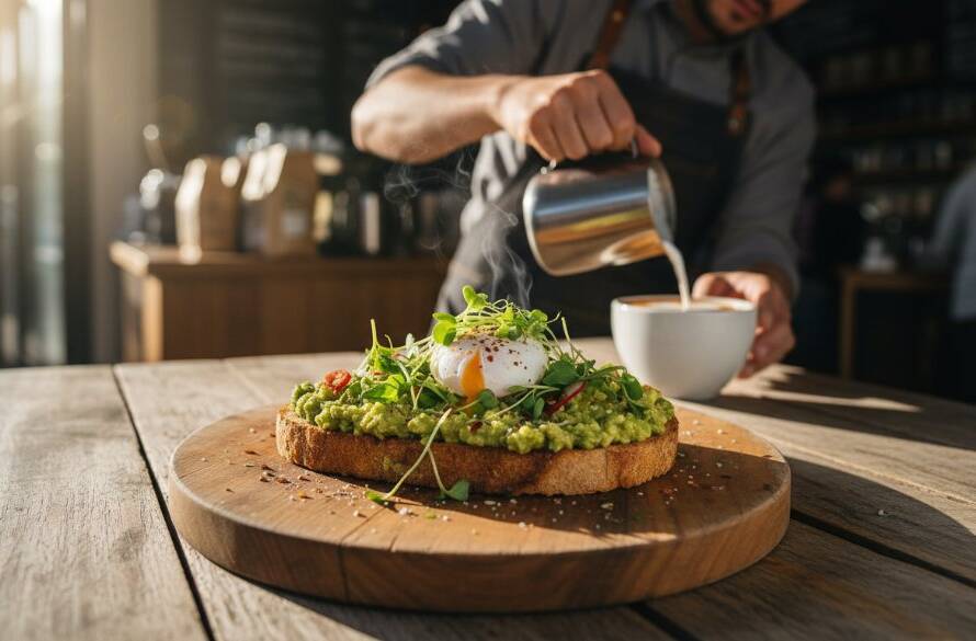 Dramatic overhead shot of a perfectly plated brunch dish, with a barista crafting latte art in the background, capturing the vibrant atmosphere of an Ashburton Victoria Food Photography for Artisan Cafes session, golden hour light streaming in.