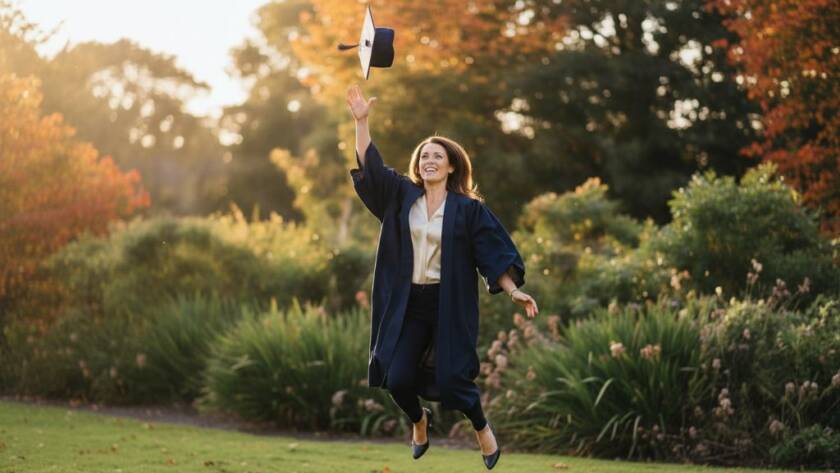A jubilant graduate in their cap and gown, framed against the vibrant autumn colours of Ashburton Park, celebrating their academic success with pure joy, embodying Ashburton Victoria graduation photography captured joy in an epic, professionally lit portrait.