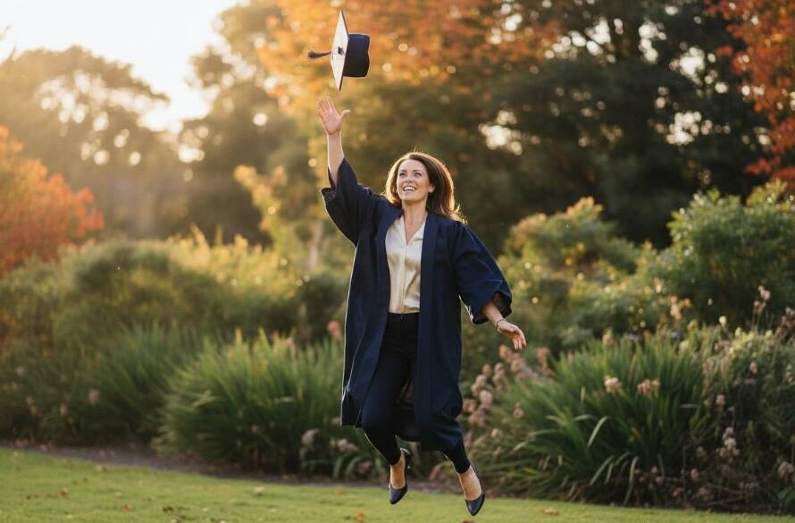 A jubilant graduate in their cap and gown, framed against the vibrant autumn colours of Ashburton Park, celebrating their academic success with pure joy, embodying Ashburton Victoria graduation photography captured joy in an epic, professionally lit portrait.