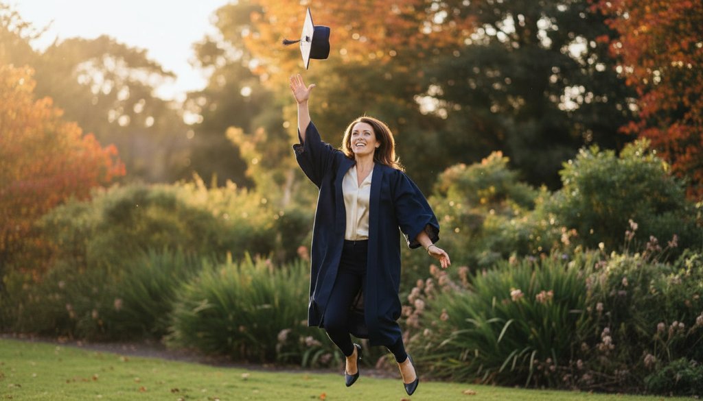 A jubilant graduate in their cap and gown, framed against the vibrant autumn colours of Ashburton Park, celebrating their academic success with pure joy, embodying Ashburton Victoria graduation photography captured joy in an epic, professionally lit portrait.