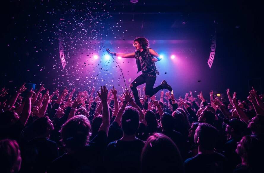 A dynamic shot of a lead guitarist mid-solo on stage at a vibrant Ashburton venue, with dramatic stage lighting creating silhouettes and lens flares, showcasing Ashburton Victoria live music photography expertise.