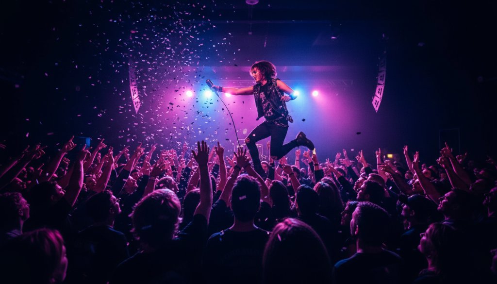 A dynamic shot of a lead guitarist mid-solo on stage at a vibrant Ashburton venue, with dramatic stage lighting creating silhouettes and lens flares, showcasing Ashburton Victoria live music photography expertise.