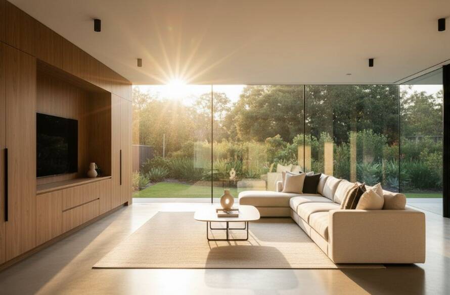 An expertly composed, high-impact real estate photograph of a modern, light-filled living room in an Ashburton Victoria home, showcasing its spaciousness and elegant design with warm, inviting natural light pouring through large windows, demonstrating Ashburton Victoria Property Photography to Attract Premium Buyers.