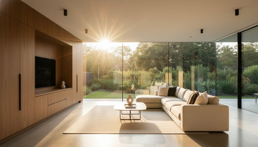 An expertly composed, high-impact real estate photograph of a modern, light-filled living room in an Ashburton Victoria home, showcasing its spaciousness and elegant design with warm, inviting natural light pouring through large windows, demonstrating Ashburton Victoria Property Photography to Attract Premium Buyers.
