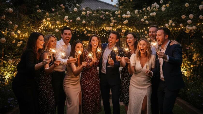 An Ashwood birthday party photographer captures candid joy as guests laugh and toast under twinkling fairy lights at a beautifully decorated backyard party in Ashwood, Victoria, creating an epic moment of celebration.