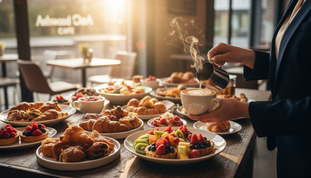 Dramatic close-up of a perfectly plated gourmet brunch dish, steam rising gently, bathed in warm morning light from an Ashwood cafe window, showcasing expert Ashwood cafe menu photography Victoria.