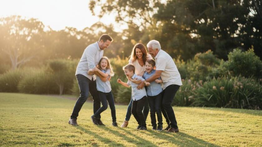 Ashwood Candid Photography Capturing Genuine Family Moments in a dramatic, emotionally resonant photograph of a family laughing joyfully during a sunset picnic at Gardiners Creek Reserve in Ashwood.