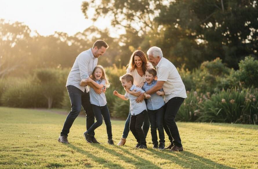 Ashwood Candid Photography Capturing Genuine Family Moments in a dramatic, emotionally resonant photograph of a family laughing joyfully during a sunset picnic at Gardiners Creek Reserve in Ashwood.