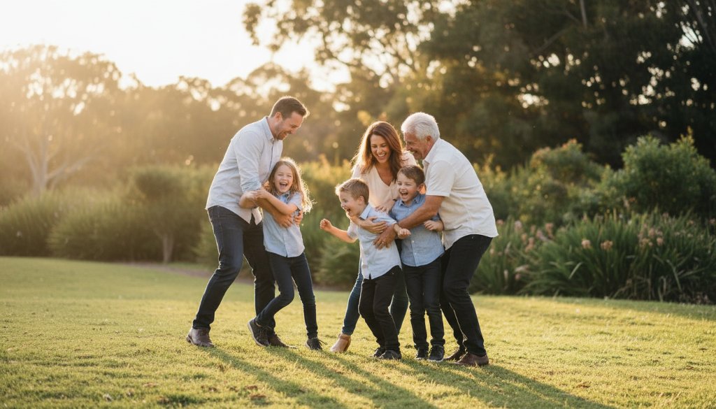 Ashwood Candid Photography Capturing Genuine Family Moments in a dramatic, emotionally resonant photograph of a family laughing joyfully during a sunset picnic at Gardiners Creek Reserve in Ashwood.