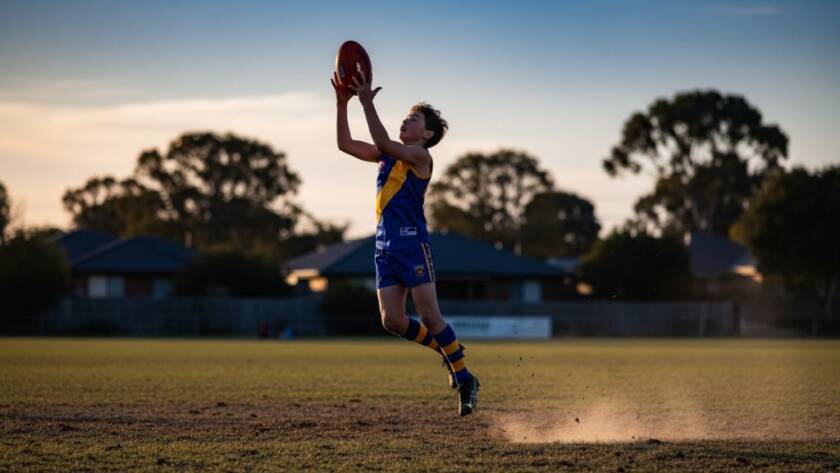 An epic moment captured in Ashwood Junior Sports Photography, showing a young Australian rules footballer mid-air, hands reaching for a mark, with dramatic backlighting and blurred field in the background, conveying intense focus and athleticism.