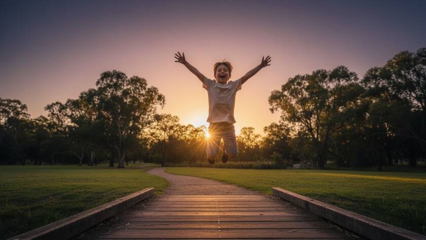 A wide, cinematic shot of an Ashwood park at golden hour, featuring a child joyfully leaping into the air, silhouetted against a setting sun, celebrating Ashwood kids photography capturing joyful moments.