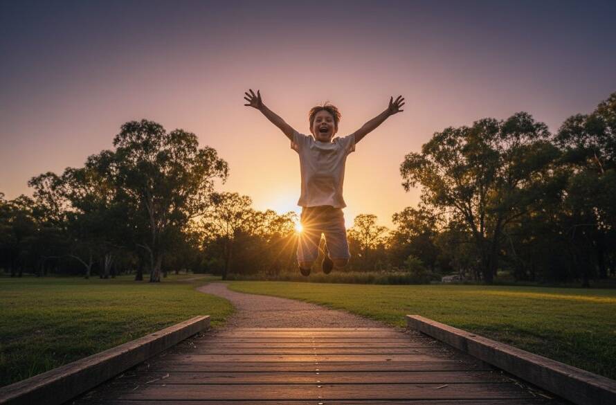 A wide, cinematic shot of an Ashwood park at golden hour, featuring a child joyfully leaping into the air, silhouetted against a setting sun, celebrating Ashwood kids photography capturing joyful moments.
