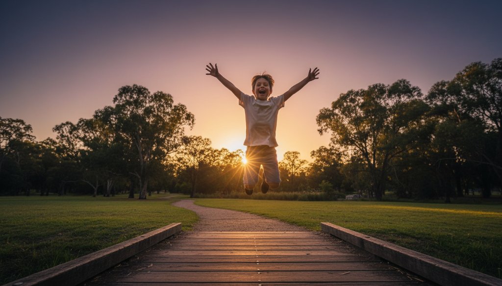 A wide, cinematic shot of an Ashwood park at golden hour, featuring a child joyfully leaping into the air, silhouetted against a setting sun, celebrating Ashwood kids photography capturing joyful moments.