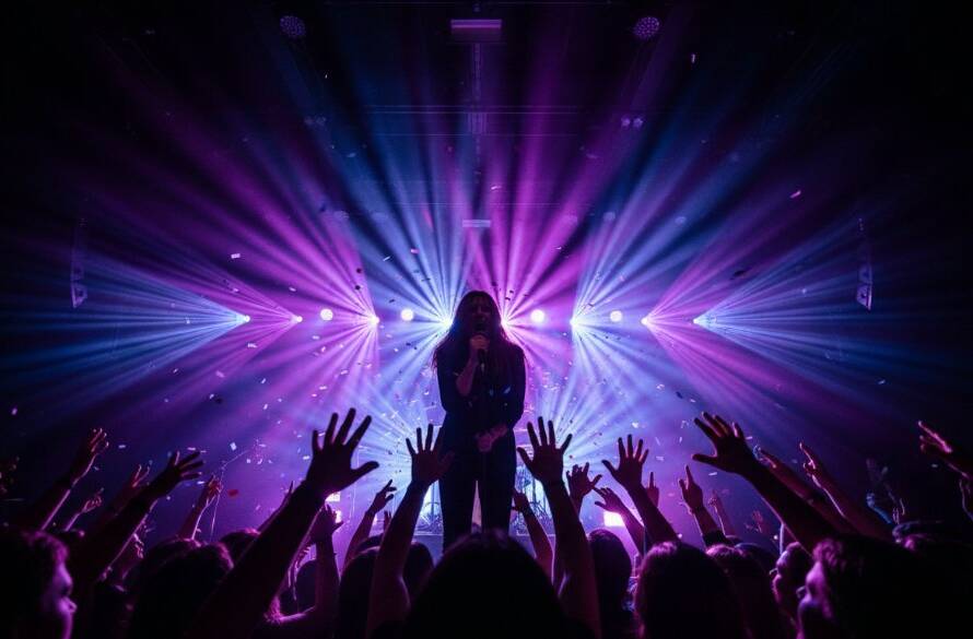 Dynamic shot of a guitarist on stage, bathed in vibrant magenta and blue stage lights, during an Ashwood live music event photography Victoria session, capturing their intense energy and the crowd's excitement.