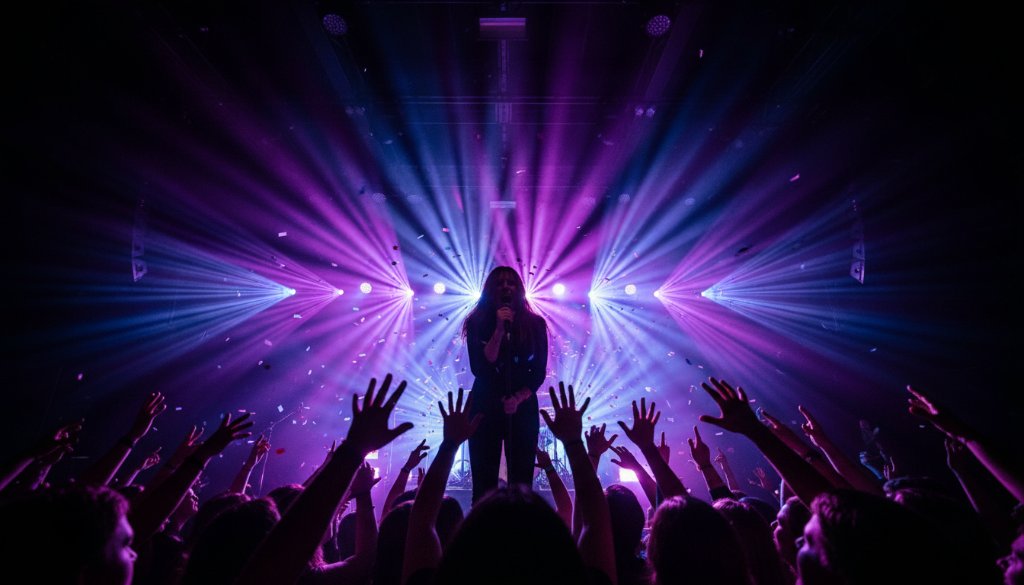 Dynamic shot of a guitarist on stage, bathed in vibrant magenta and blue stage lights, during an Ashwood live music event photography Victoria session, capturing their intense energy and the crowd's excitement.