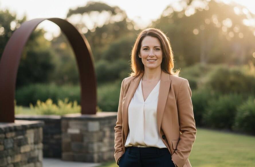 An Ashwood professional headshot for career advancement, featuring a confident business person silhouetted against a golden hour cityscape, dramatic lighting highlighting their determined expression, captured in an epic, cinematic style.