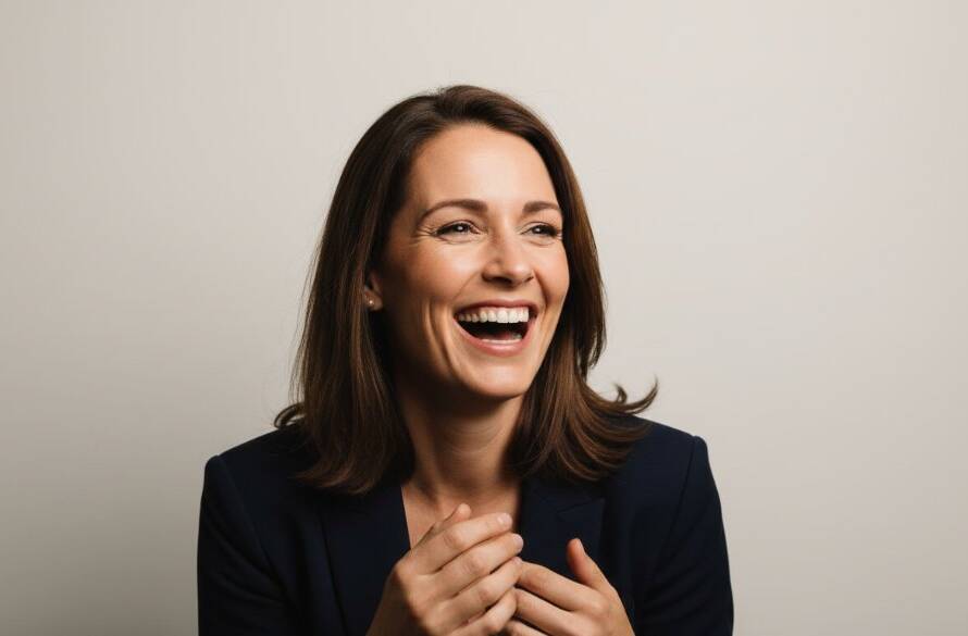 A dramatic, professionally lit close-up of a person laughing joyfully in a modern Ashwood studio photography for modern portraits session, with soft bokeh background and cinematic colour grading, capturing an epic, genuine moment of happiness.