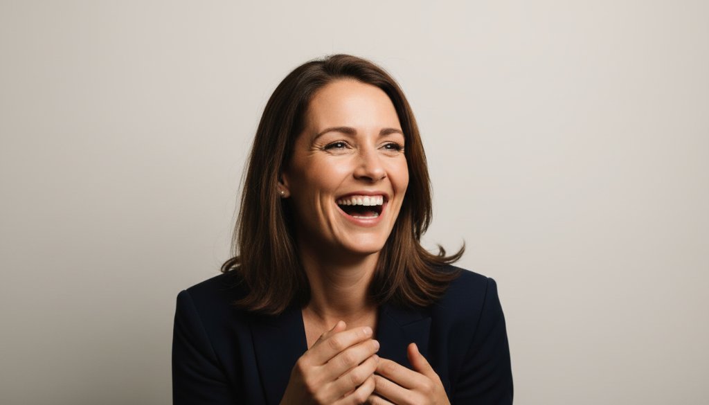 A dramatic, professionally lit close-up of a person laughing joyfully in a modern Ashwood studio photography for modern portraits session, with soft bokeh background and cinematic colour grading, capturing an epic, genuine moment of happiness.