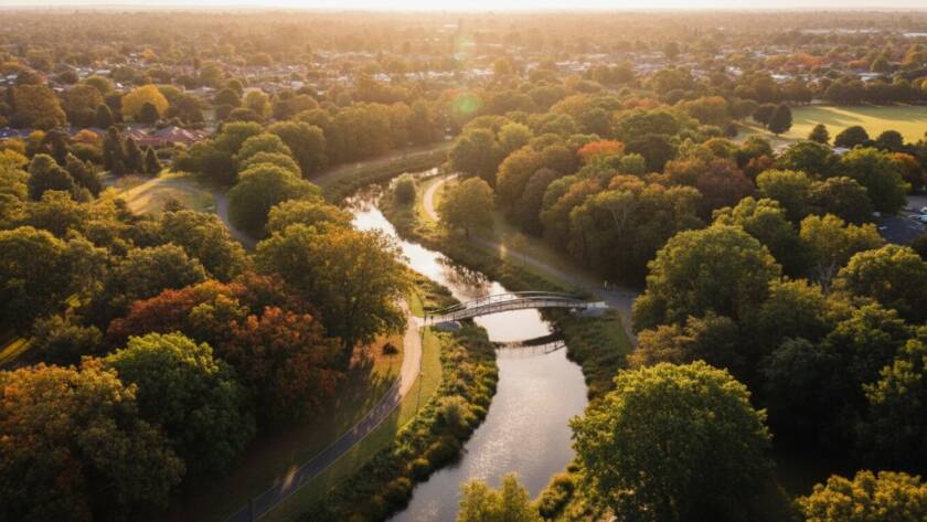 A stunning Ashwood VIC aerial landscape drone photography shot captures a golden hour over Gardiner's Creek Trail, showing the lush canopy and winding path from an elevated perspective, bathed in warm, dramatic light, conveying a sense of serene beauty and vastness.