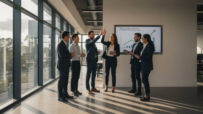 Dynamic, cinematic shot featuring a successful business team in Ashwood, Victoria, collaborating enthusiastically in a modern office space, bathed in golden hour light, representing professional Ashwood Victoria Business Photography Solutions.