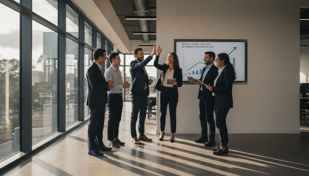 Dynamic, cinematic shot featuring a successful business team in Ashwood, Victoria, collaborating enthusiastically in a modern office space, bathed in golden hour light, representing professional Ashwood Victoria Business Photography Solutions.
