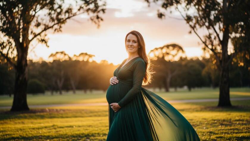 A stunning Ashwood Victoria golden hour maternity photography portrait, featuring an expectant mother in a flowing gown, silhouetted against a golden sunset in a beautiful Ashwood park, capturing her radiant glow in an epic moment.