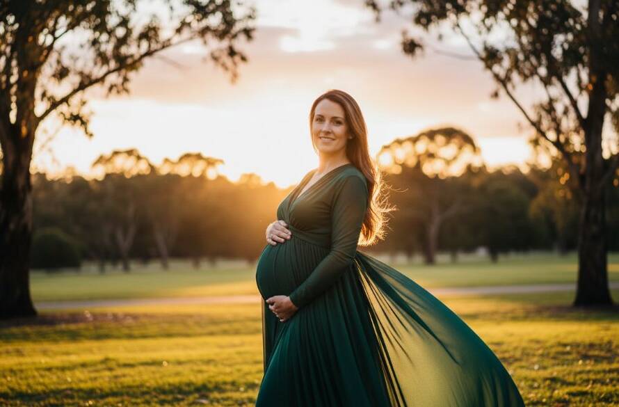 A stunning Ashwood Victoria golden hour maternity photography portrait, featuring an expectant mother in a flowing gown, silhouetted against a golden sunset in a beautiful Ashwood park, capturing her radiant glow in an epic moment.