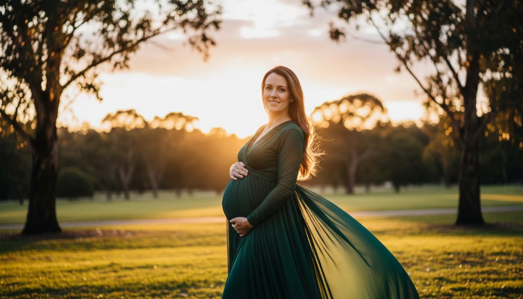 A stunning Ashwood Victoria golden hour maternity photography portrait, featuring an expectant mother in a flowing gown, silhouetted against a golden sunset in a beautiful Ashwood park, capturing her radiant glow in an epic moment.