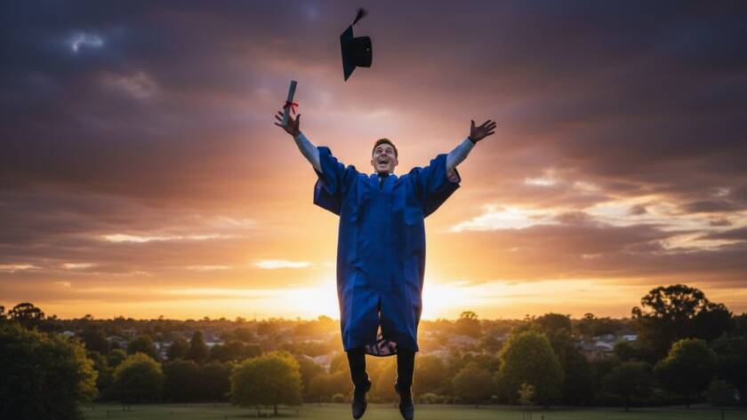 A joyful graduate in their cap and gown, celebrating an epic moment of achievement with their degree scroll held high against a sun-drenched Ashwood park backdrop, perfectly captured during an Ashwood Victoria graduation photoshoot planning session.