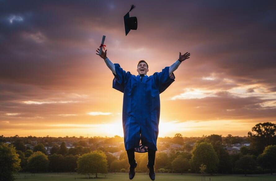 A joyful graduate in their cap and gown, celebrating an epic moment of achievement with their degree scroll held high against a sun-drenched Ashwood park backdrop, perfectly captured during an Ashwood Victoria graduation photoshoot planning session.