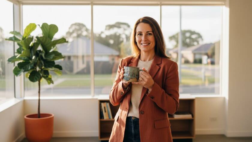 Dynamic, cinematic wide shot capturing an Ashwood Victoria professional branding photography session with a small business owner confidently presenting their product in a modern, light-filled studio space, dramatic lighting highlighting their professionalism and brand story.