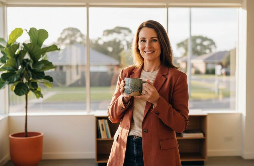 Dynamic, cinematic wide shot capturing an Ashwood Victoria professional branding photography session with a small business owner confidently presenting their product in a modern, light-filled studio space, dramatic lighting highlighting their professionalism and brand story.