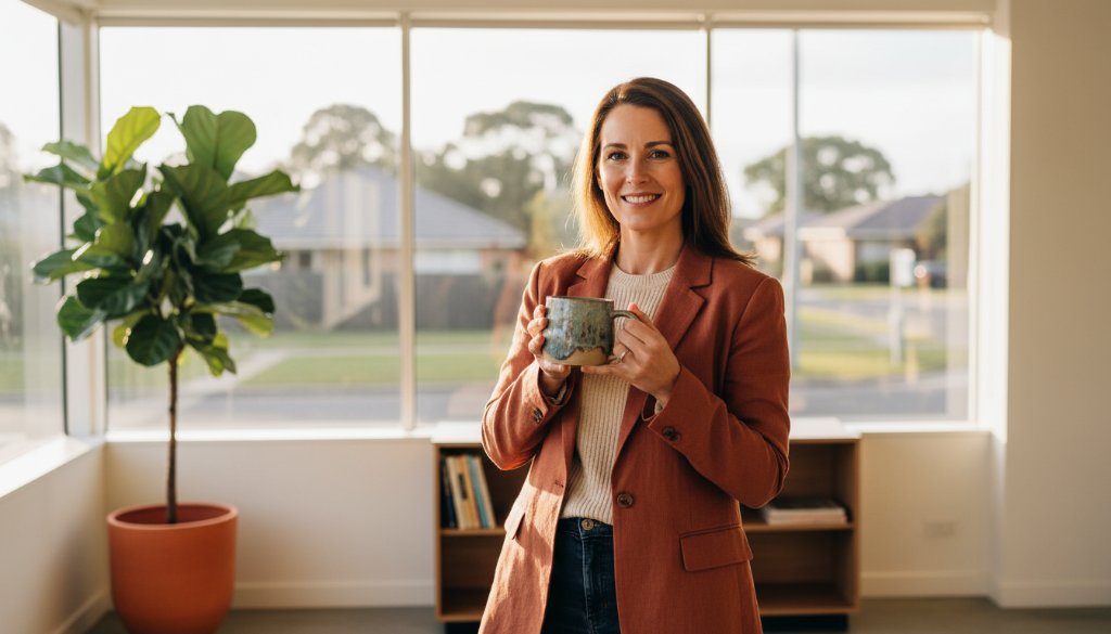 Dynamic, cinematic wide shot capturing an Ashwood Victoria professional branding photography session with a small business owner confidently presenting their product in a modern, light-filled studio space, dramatic lighting highlighting their professionalism and brand story.