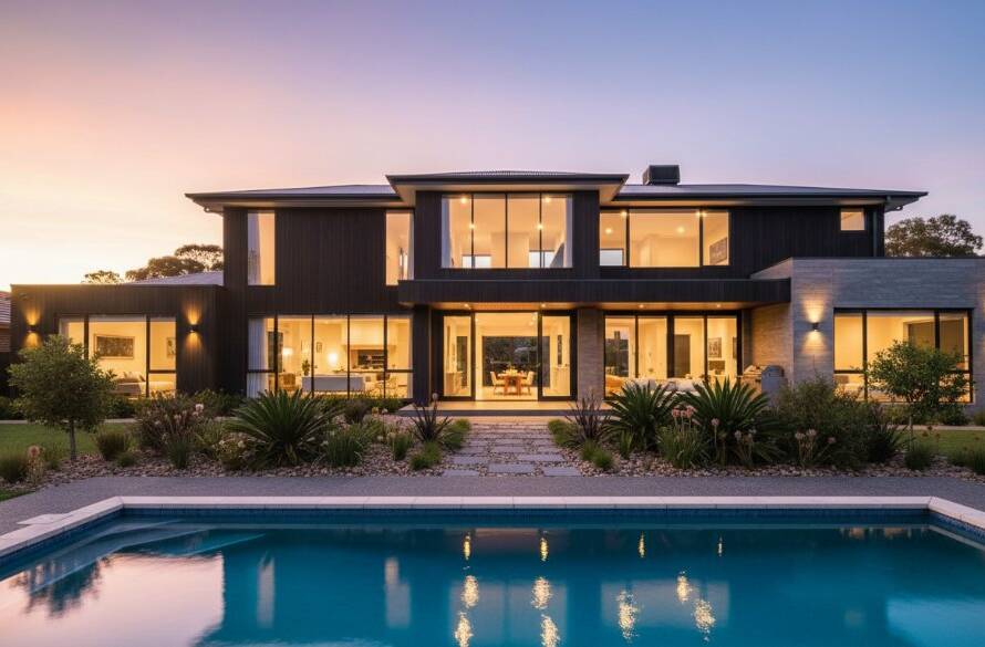 Golden hour shot of a modern Ashwood home's expansive open-plan living area, bathed in warm, inviting light, showcasing Ashwood Victoria real estate photography expertise.