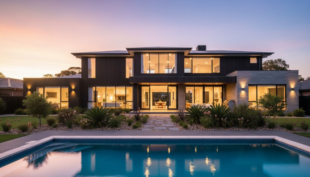 Golden hour shot of a modern Ashwood home's expansive open-plan living area, bathed in warm, inviting light, showcasing Ashwood Victoria real estate photography expertise.
