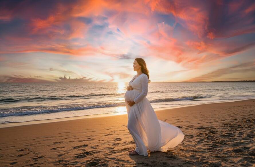 A radiant expectant mother, silhouetted against a dramatic sunset over Port Phillip Bay, lovingly cradles her baby bump on Aspendale beach, capturing Aspendale beach maternity photography glowing moments with professional artistry.
