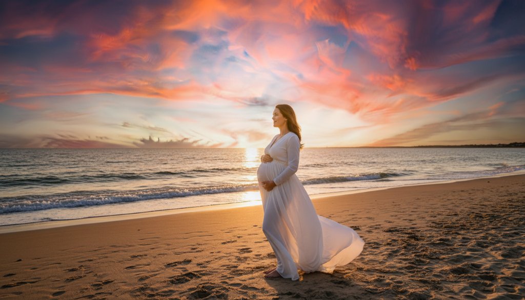 A radiant expectant mother, silhouetted against a dramatic sunset over Port Phillip Bay, lovingly cradles her baby bump on Aspendale beach, capturing Aspendale beach maternity photography glowing moments with professional artistry.