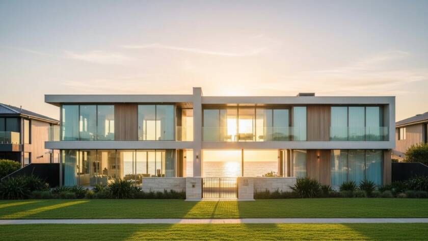 A wide-angle, professionally color-graded photograph showcasing the golden hour glow over an elegant modern Aspendale beachfront property, with the calm ocean visible in the background, highlighting Aspendale beachfront property photography excellence and aspirational living.