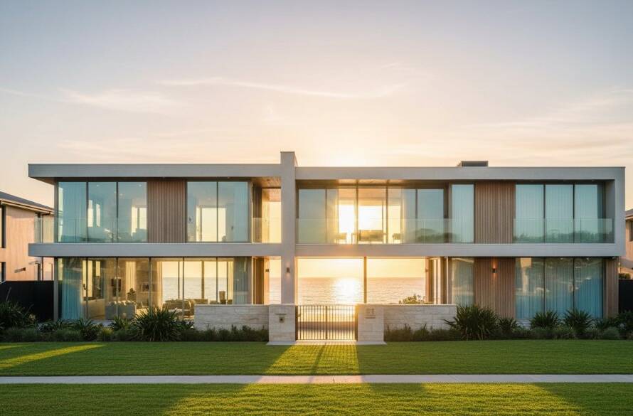 A wide-angle, professionally color-graded photograph showcasing the golden hour glow over an elegant modern Aspendale beachfront property, with the calm ocean visible in the background, highlighting Aspendale beachfront property photography excellence and aspirational living.