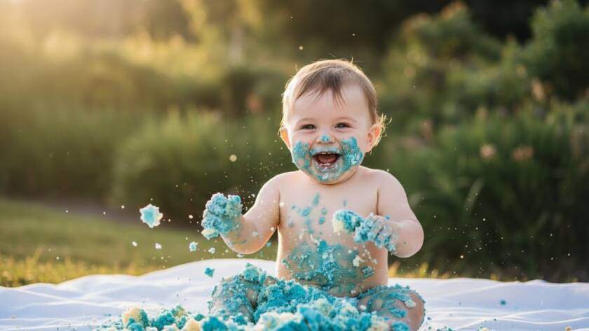 A joyful baby, covered in cake, laughing amidst vibrant colours during an Aspendale cake smash photography session, with dramatic, warm backlighting capturing an epic first birthday celebration.