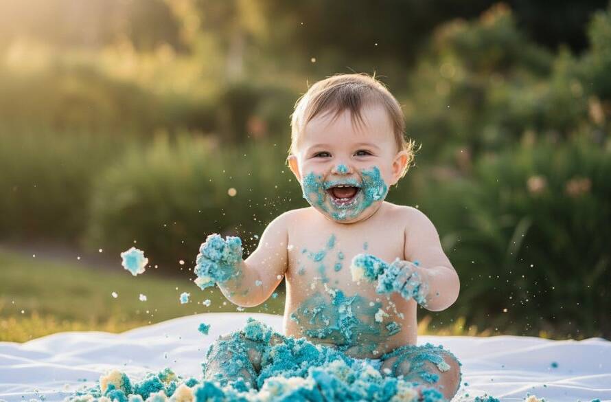 A joyful baby, covered in cake, laughing amidst vibrant colours during an Aspendale cake smash photography session, with dramatic, warm backlighting capturing an epic first birthday celebration.