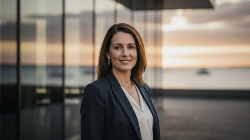 Dramatic, cinematic close-up of a confident female executive in Aspendale, featuring stunning natural light from Port Phillip Bay reflecting on her face, portraying professionalism and approachability, perfect for Aspendale corporate headshots for local professionals.