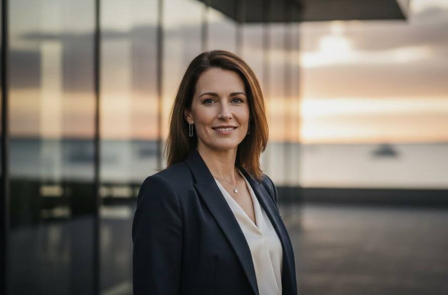 Dramatic, cinematic close-up of a confident female executive in Aspendale, featuring stunning natural light from Port Phillip Bay reflecting on her face, portraying professionalism and approachability, perfect for Aspendale corporate headshots for local professionals.