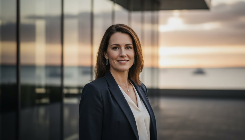 Dramatic, cinematic close-up of a confident female executive in Aspendale, featuring stunning natural light from Port Phillip Bay reflecting on her face, portraying professionalism and approachability, perfect for Aspendale corporate headshots for local professionals.