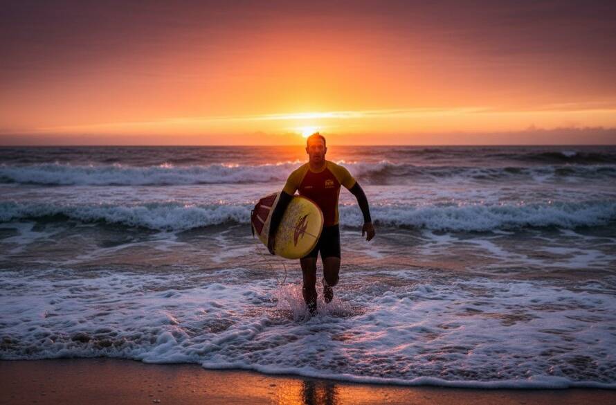 A dramatic wide shot showcasing Aspendale editorial photography authentic coastal stories, featuring a local fisherman silhouetted against a golden sunrise over Port Phillip Bay, casting a net with powerful waves crashing near the pier, conveying a sense of timeless tradition and the rugged beauty of the Victorian coast.
