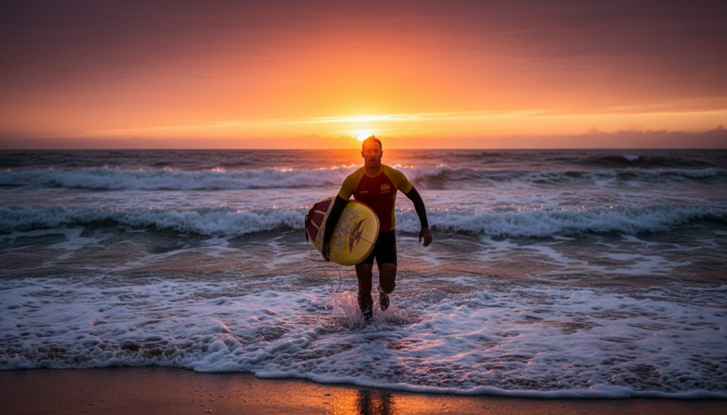 A dramatic wide shot showcasing Aspendale editorial photography authentic coastal stories, featuring a local fisherman silhouetted against a golden sunrise over Port Phillip Bay, casting a net with powerful waves crashing near the pier, conveying a sense of timeless tradition and the rugged beauty of the Victorian coast.