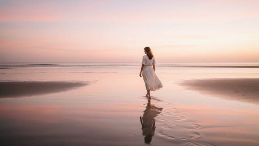 A dramatic fine art photograph showcasing Aspendale fine art photography capturing coastal serenity, featuring a lone figure silhouetted against a golden sunrise over Port Phillip Bay, with soft, painterly light reflecting off the calm water and a vibrant sky.