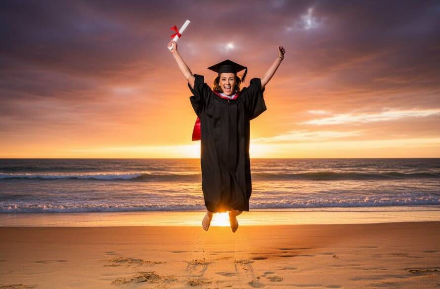 A vibrant 'epic moment' photograph showcasing an Aspendale graduation photography capturing beachfront joy, with a graduate in cap and gown leaping triumphantly on the golden sands of Aspendale Beach at sunset, diploma held high, waves gently crashing behind them.